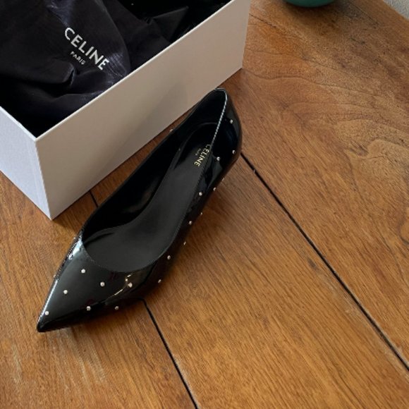 CELINE STUDDED PATENT LEATHER BLACK KITTEN HEELS PUMPS 8.5 - Picture 1 of 7